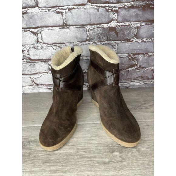 Aquatalia Brown Suede Faux Fur Strap Ankle Wedge Booties Women’s Sz 10M US/41EU - Picture 15 of 16